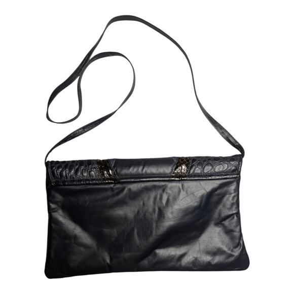 Vtg 1980s Navy Blue Croc Embossed Patchwork Leather Envelope Shoulder Bag - Picture 2 of 6